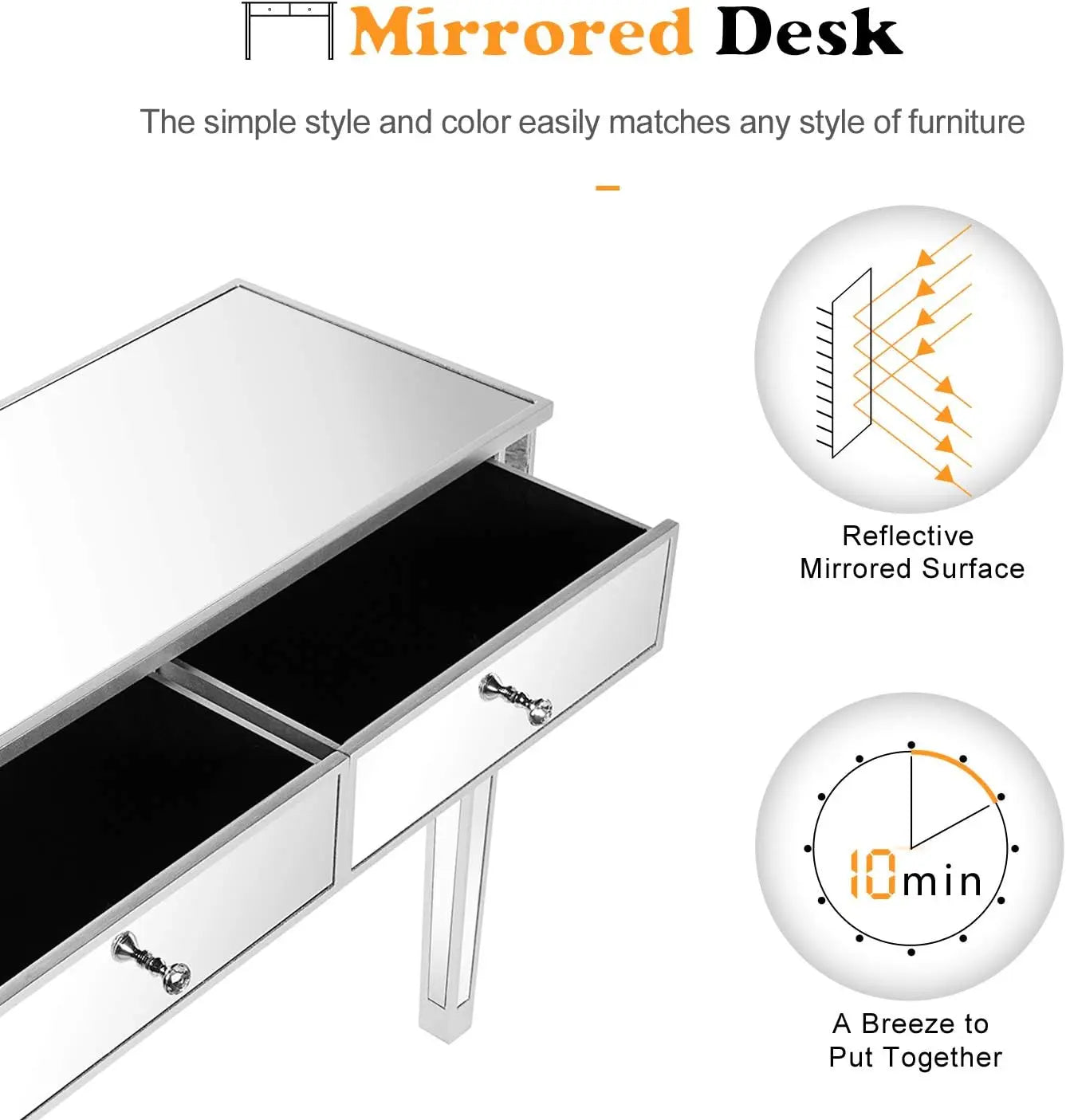 Mirrored Console Table with 2 Drawers for Entryway/Hallway Silver Bedroom Desk Sofa Tables for Living Room