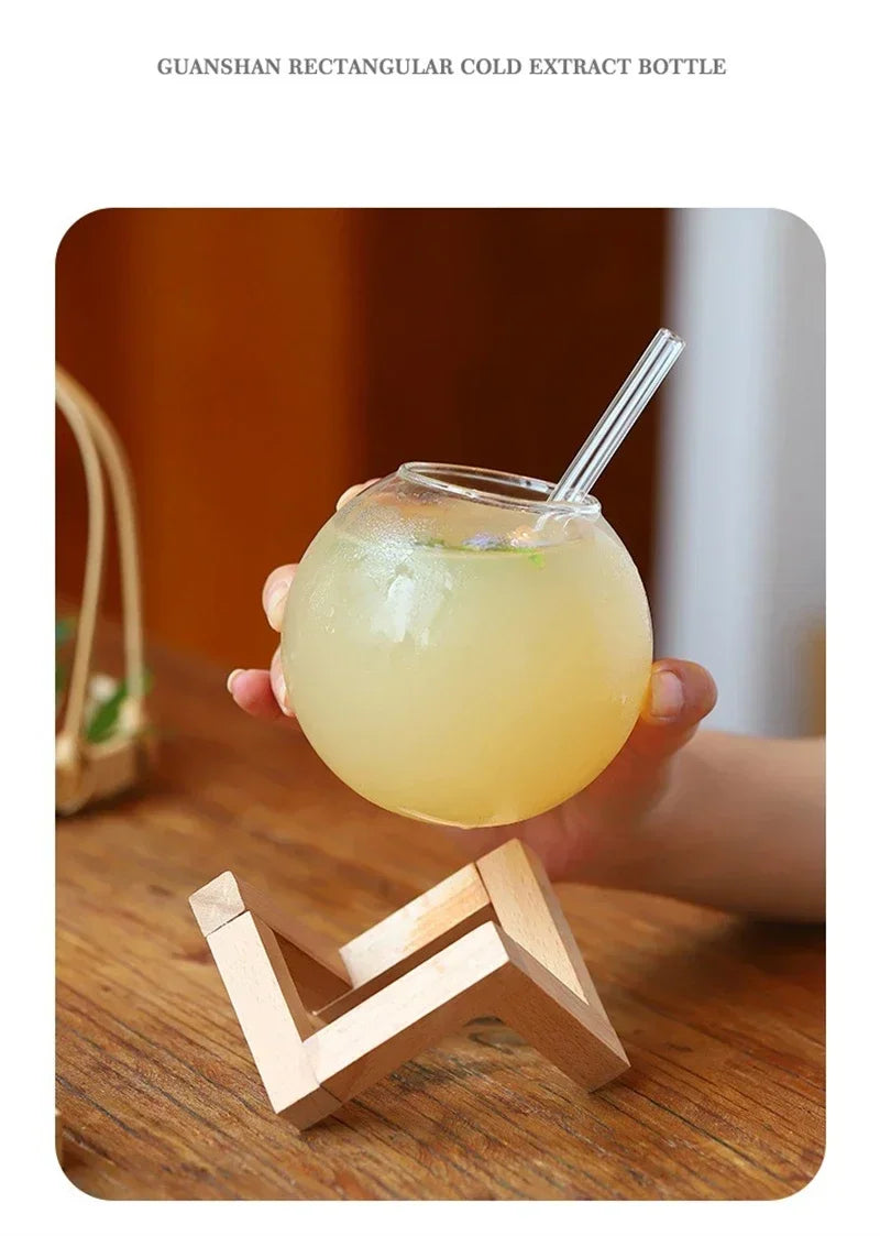Creative Ronud Ball Glass Cup with Wood Stand Straw Wine Cocktail Glass Cup Clear Moon Ball Cold Drinking Juice Cups