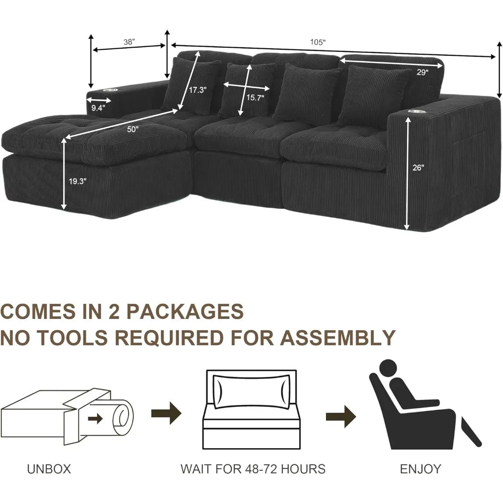105 Inch Cloud Sectional Couch Modern Modular Sectional Sofa with Deep Seat - L Shaped Comfy 3 Seater Sectional Couches