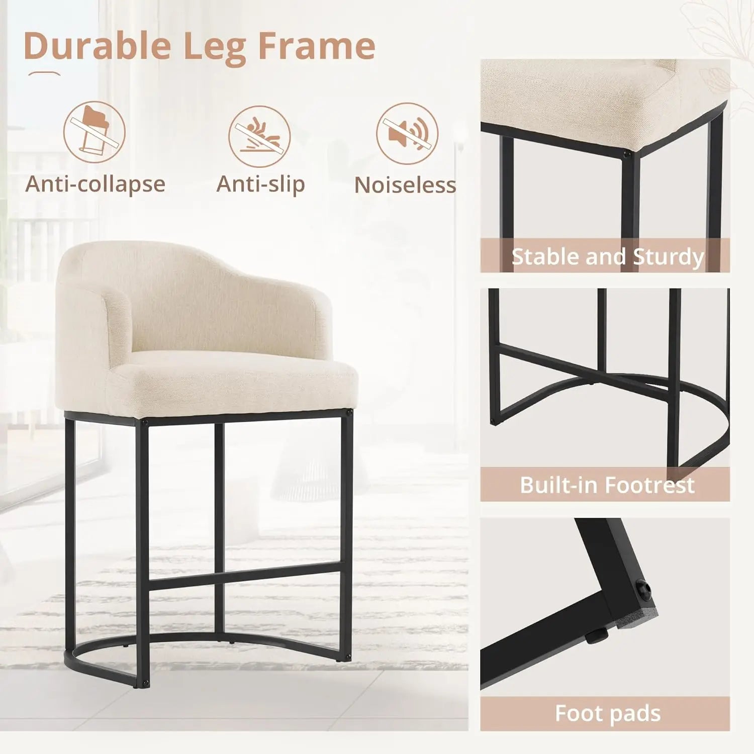 27″ Counter-Height Bar Stools – Modern Stools with Curved Back & Arms (Set of 3)