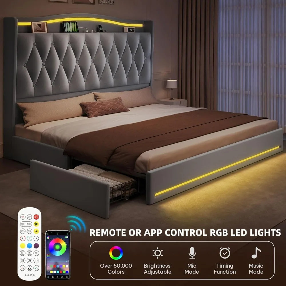 King Size Velvet Upholstered Bed Frame – 4 Storage Drawers with RGB LED Headboard & Charging Station
