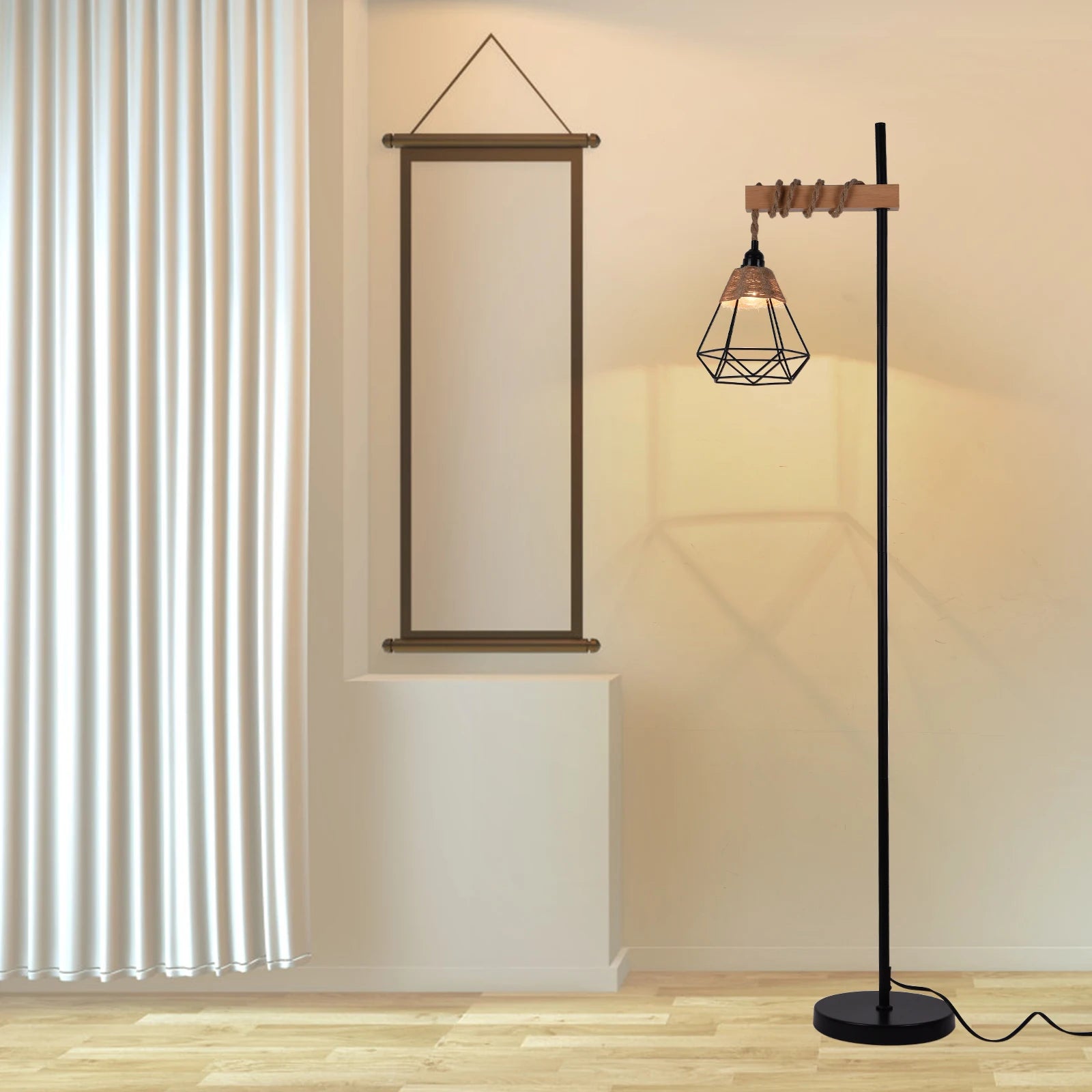 Bymaocar 110V Retro Smart Floor Lamp Durable Tall Standing Lamp Adjustable Height with Rattan Lampshade & Extended Power Cord