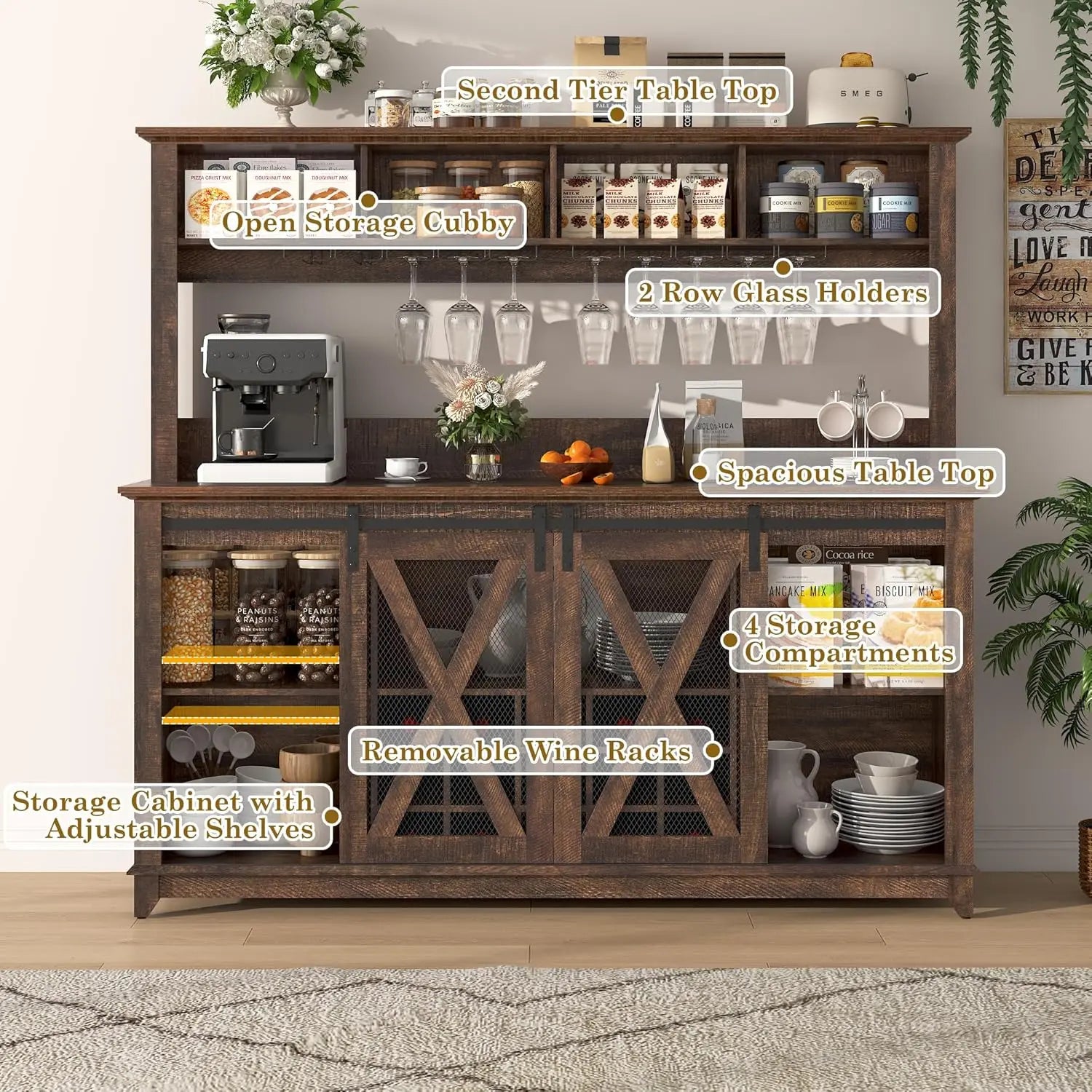 63″ Farmhouse Coffee Bar Cabinet – Brown with LED Light & Sliding Barn Door