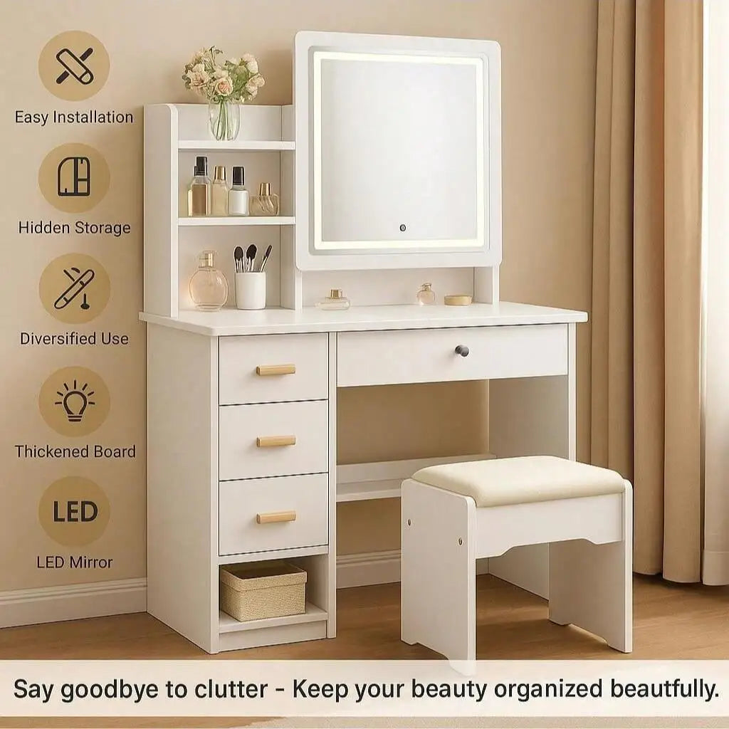 Large Vanity Table Set with LED Mirror, 5 Drawers & Shelves, Dresser Desk & Cushioned Stool, Easy Installation, Hidden Storage,