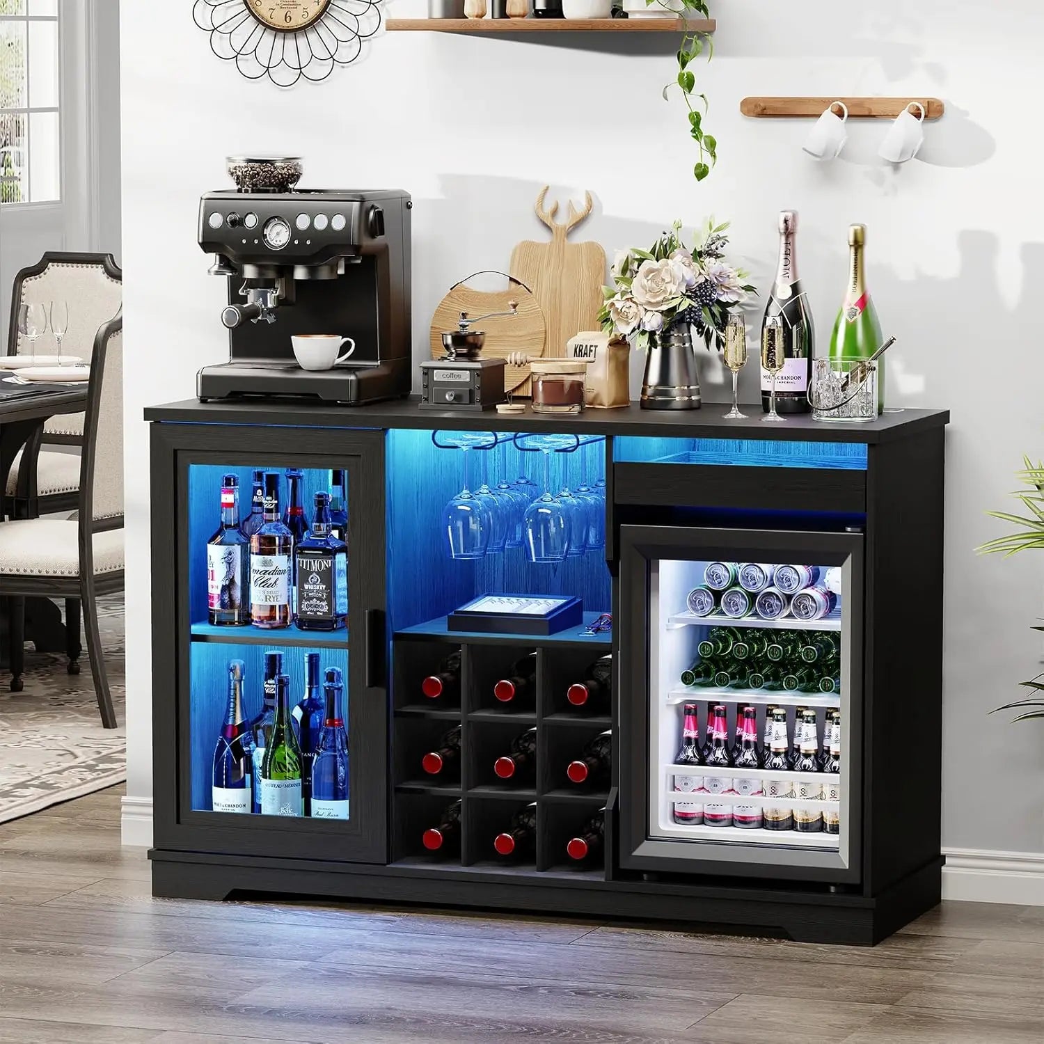 Wine Bar Cabinet with Fridge – Black LED Cabinet with Motion Sensor