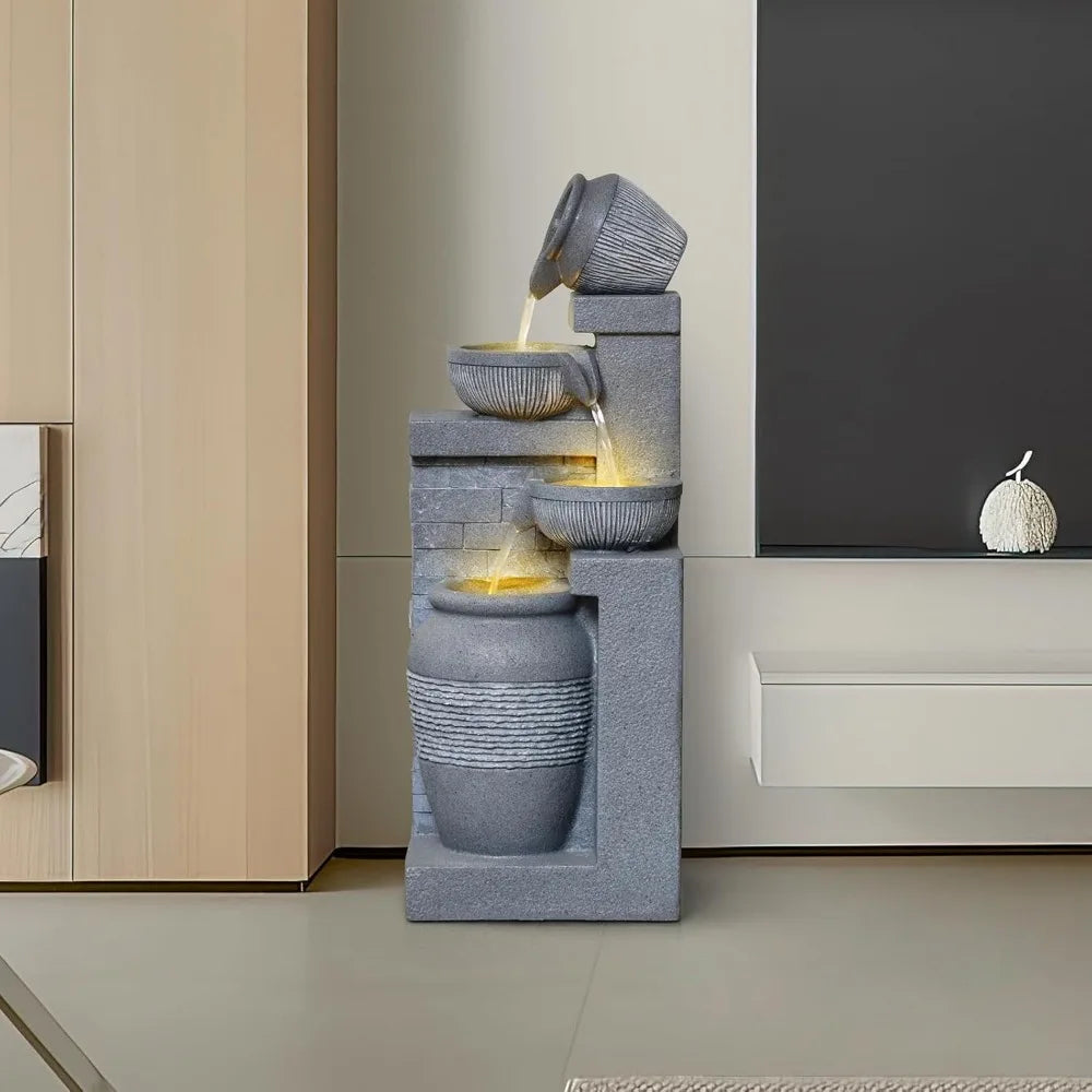 Outdoor Garden Water Fountain with Lights 4 Tiers Cascading Large Waterfall Floor Standing Fountain for Patio, Backyard