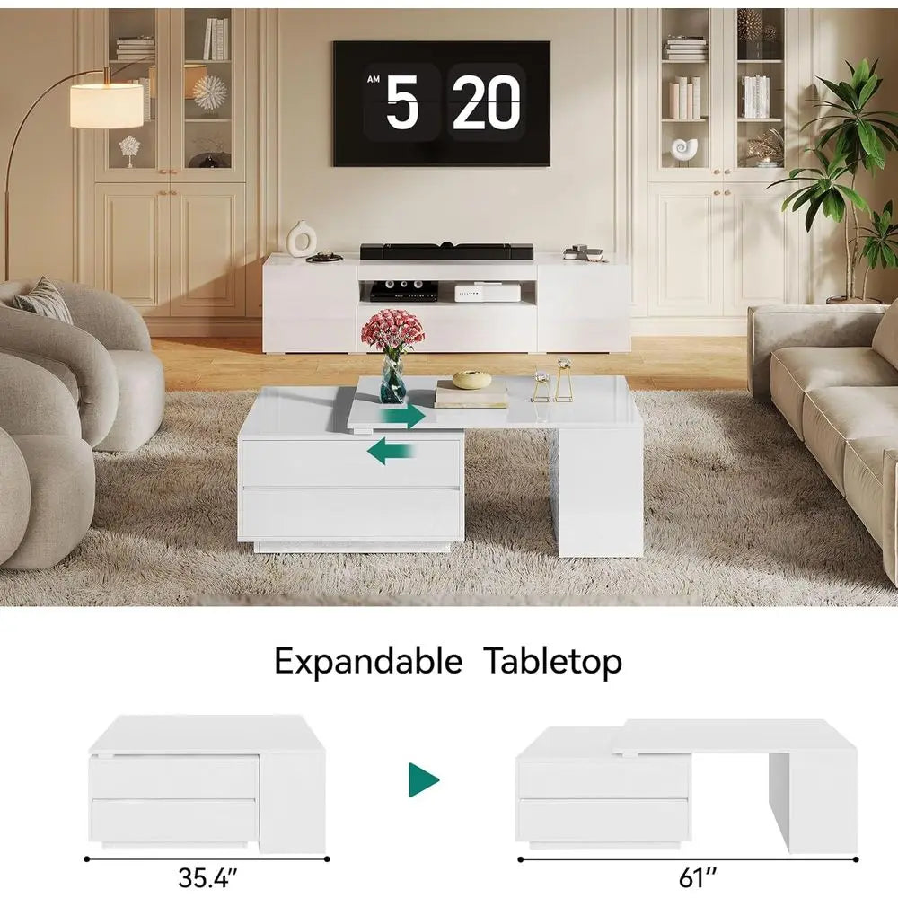 Modern Rectangular LED Coffee Table – White Extendable Center Table with 4 Storage Drawers