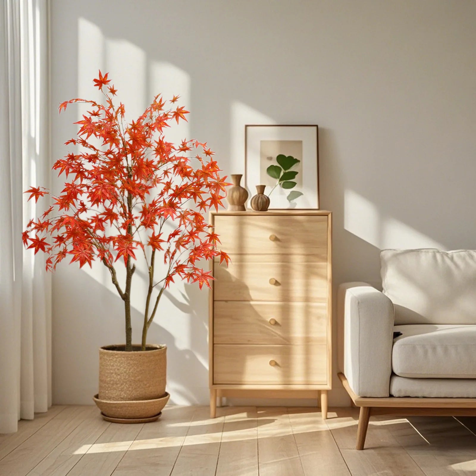 Autumn Maple Artificial Fall Tree In Plastic Pot, 120cm/150cm/180cm Faux Silk Leaves Red Maple Tree For Party Home Decoration