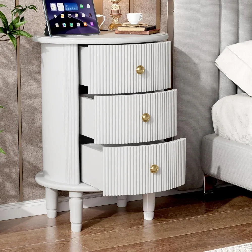 White 3-Drawer Wood Nightstand with Charging Station and Storage for Bedroom