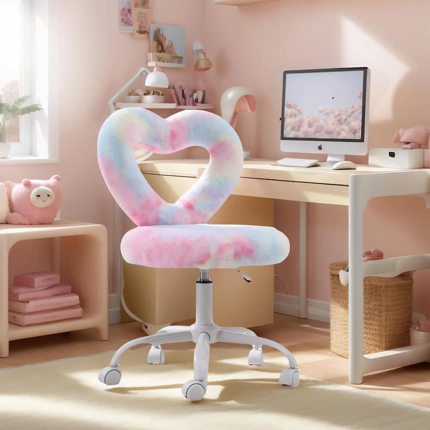 360’ Swivel Kids Chairs Computer Chairs with Wheels，Adjustable Heart Children Chair Study Upholstered Vanity Chai