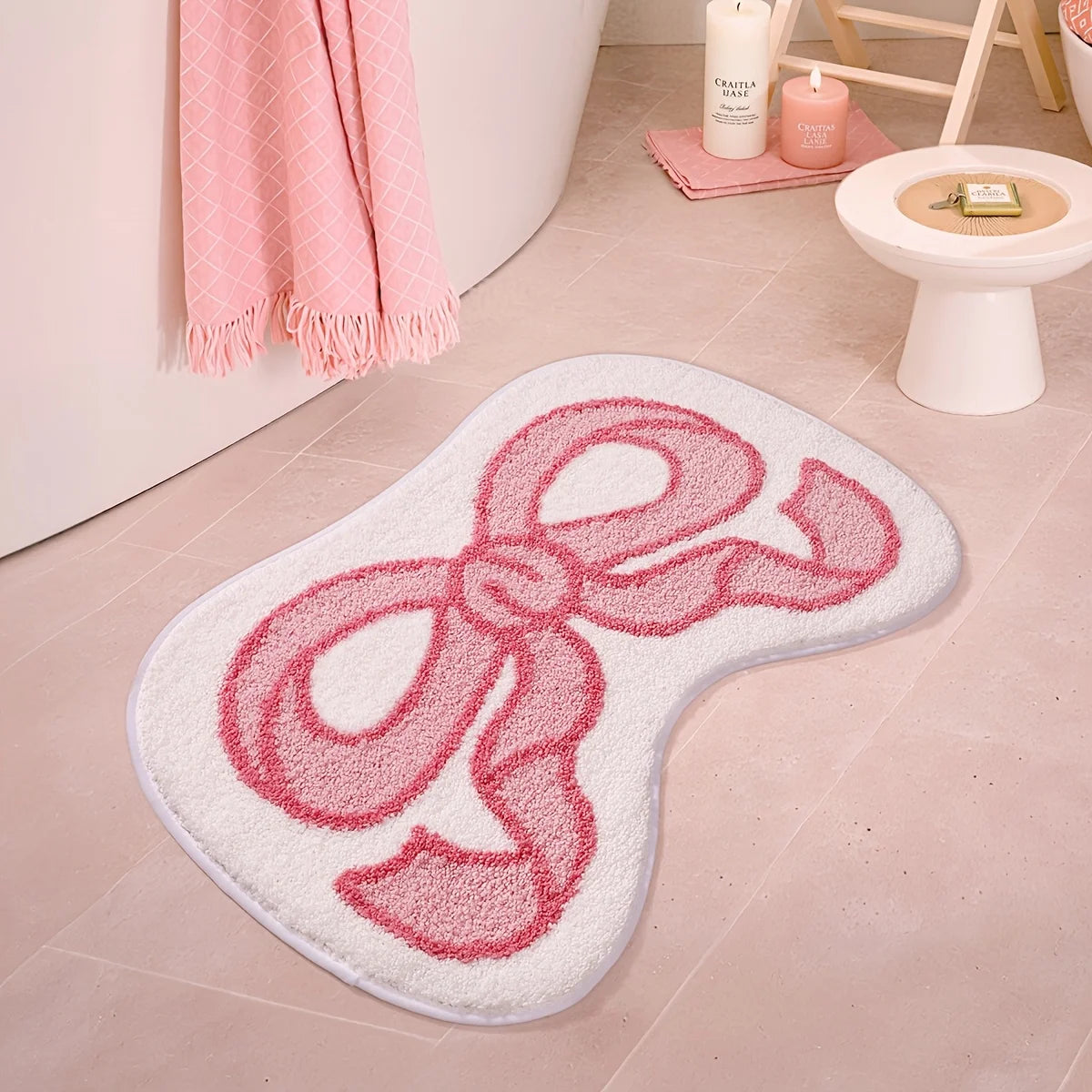 1pc Fluffy Bath Rug, Extra Soft Absorbent Bathroom Mat with Pink Bow Design, Non-Slip Comfortable Tufted Polyester TPR