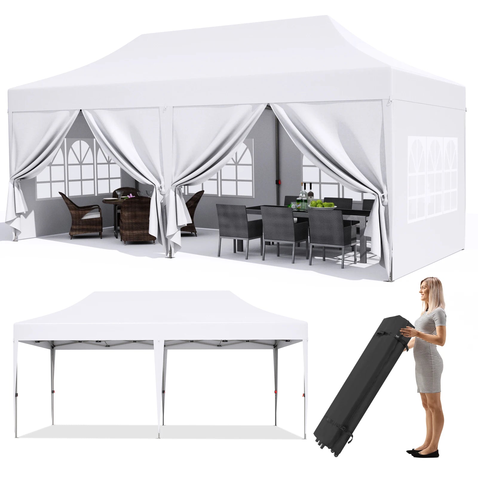 Pavilion Popup Gazebo 3x6m Waterproof Folding Gazebo Tent Party Tent with 6 Side Panels UV 50+ Height Adjustable 2-3M