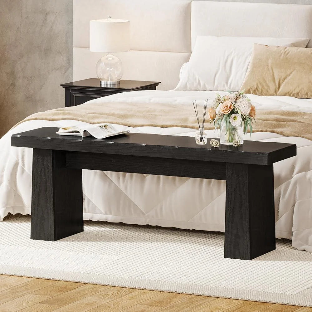 Farmhouse Black Wooden Bench – 47.24″ Double Pedestal Entryway & Dining Bench