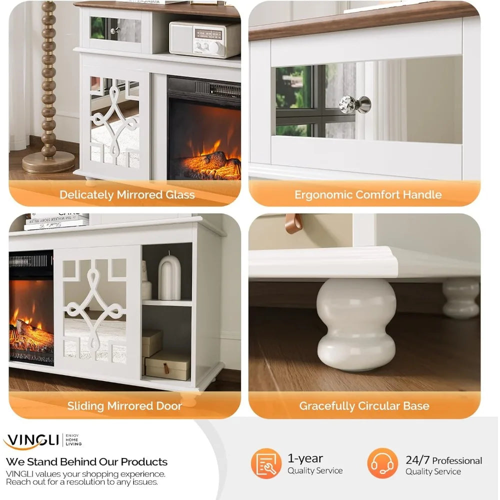 Fireplace TV Stand with Sliding Mirrored Door for TVs up to 70", Entertainment Center with Storage Cabinet and Shelves, Media C