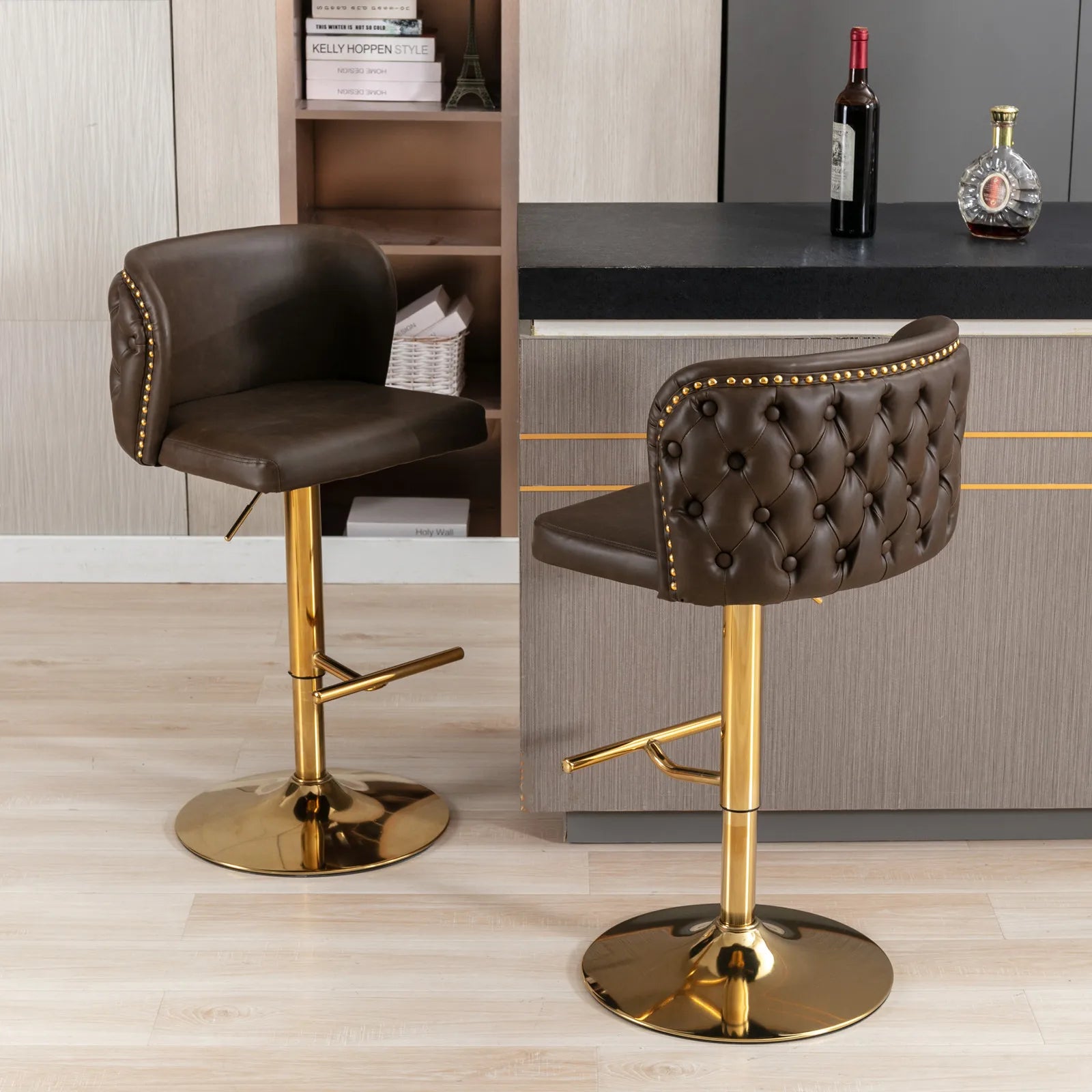 PU Leather Swivel Bar Stools – Adjustable Counter Chairs with Gold Nailheads (Set of 2)