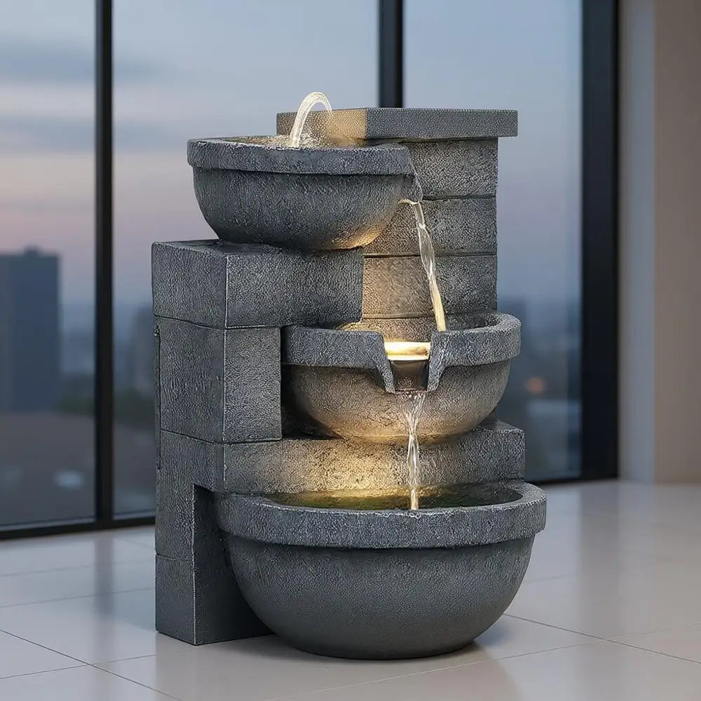 Gray 4-Tier Resin Outdoor Waterfall Fountain with LED Lights, 30 Tall, Cascading Bowls, Pump Included