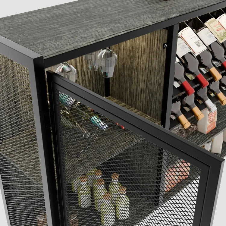 Wooden Wine Cabinet – Beverage Bar Cabinet with Mesh Storage