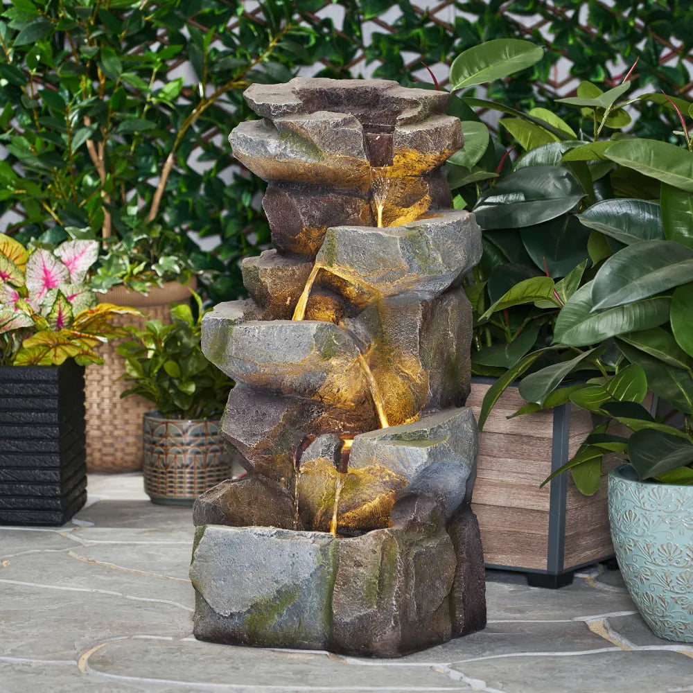 Large Waterproof 4 Tier Outdoor Water Fountain With LED Lights Garden Supplies For Patio Yard Relaxing Waterfall Decor Polyresin