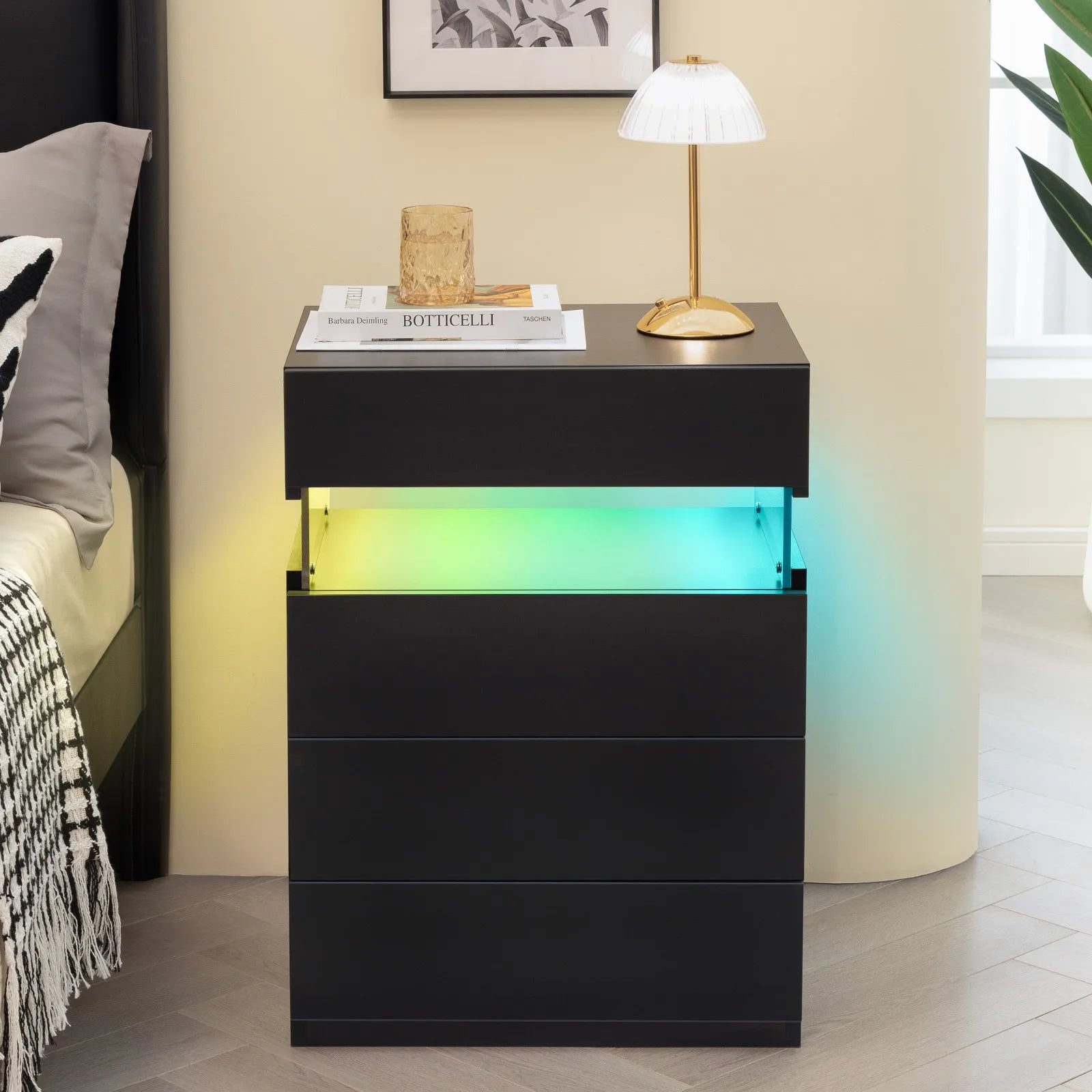 Cubehom LED Nightstand,Modern Night Stand with 4 Drawers,Large Capacity,Multi-Color LED Lights,End Side Table for Bedroom