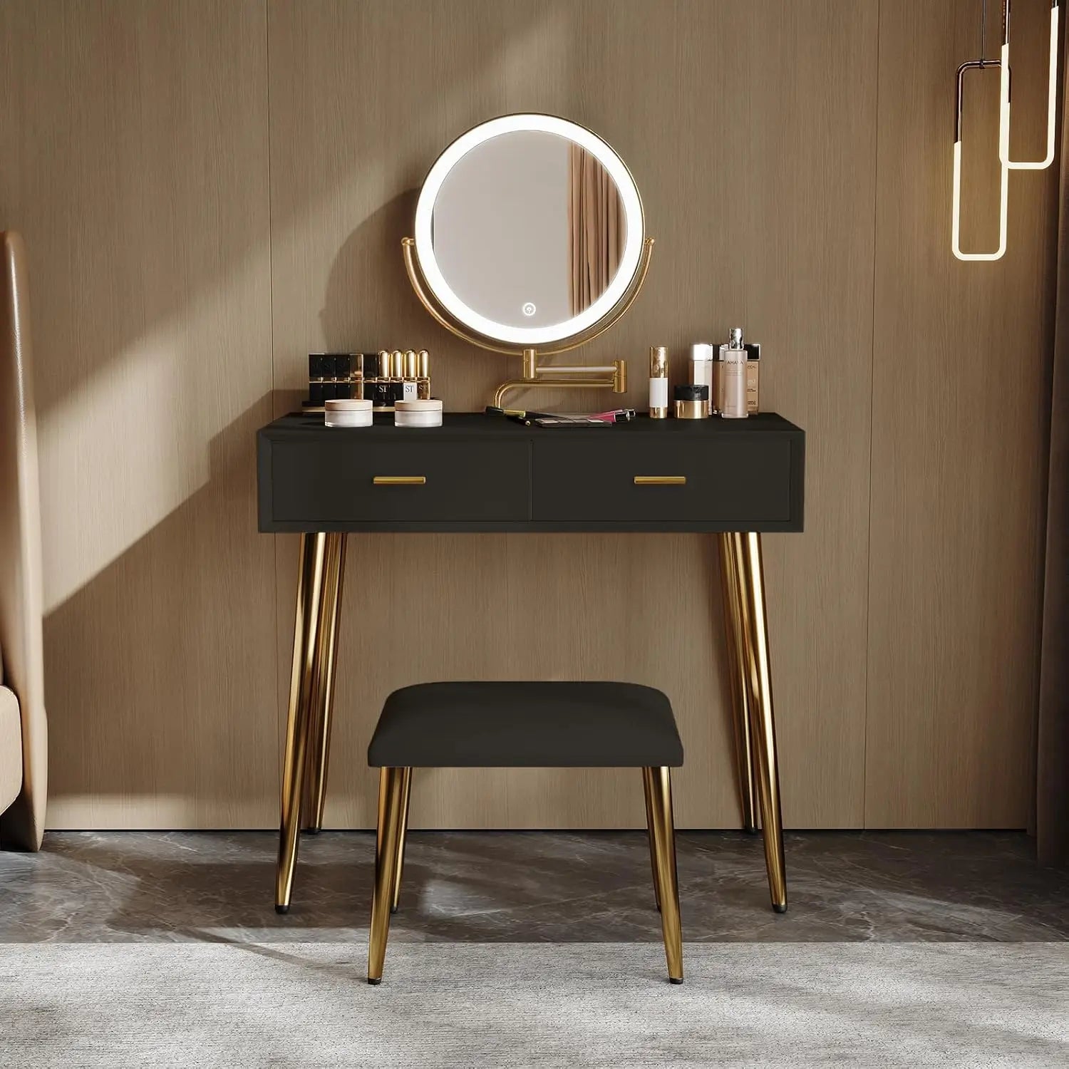 Makeup Vanity Desk with Mirror and Lights, Small Vanity Table with 2 Drawers, Stool,Vanity Set for Bedroom with Microfiber