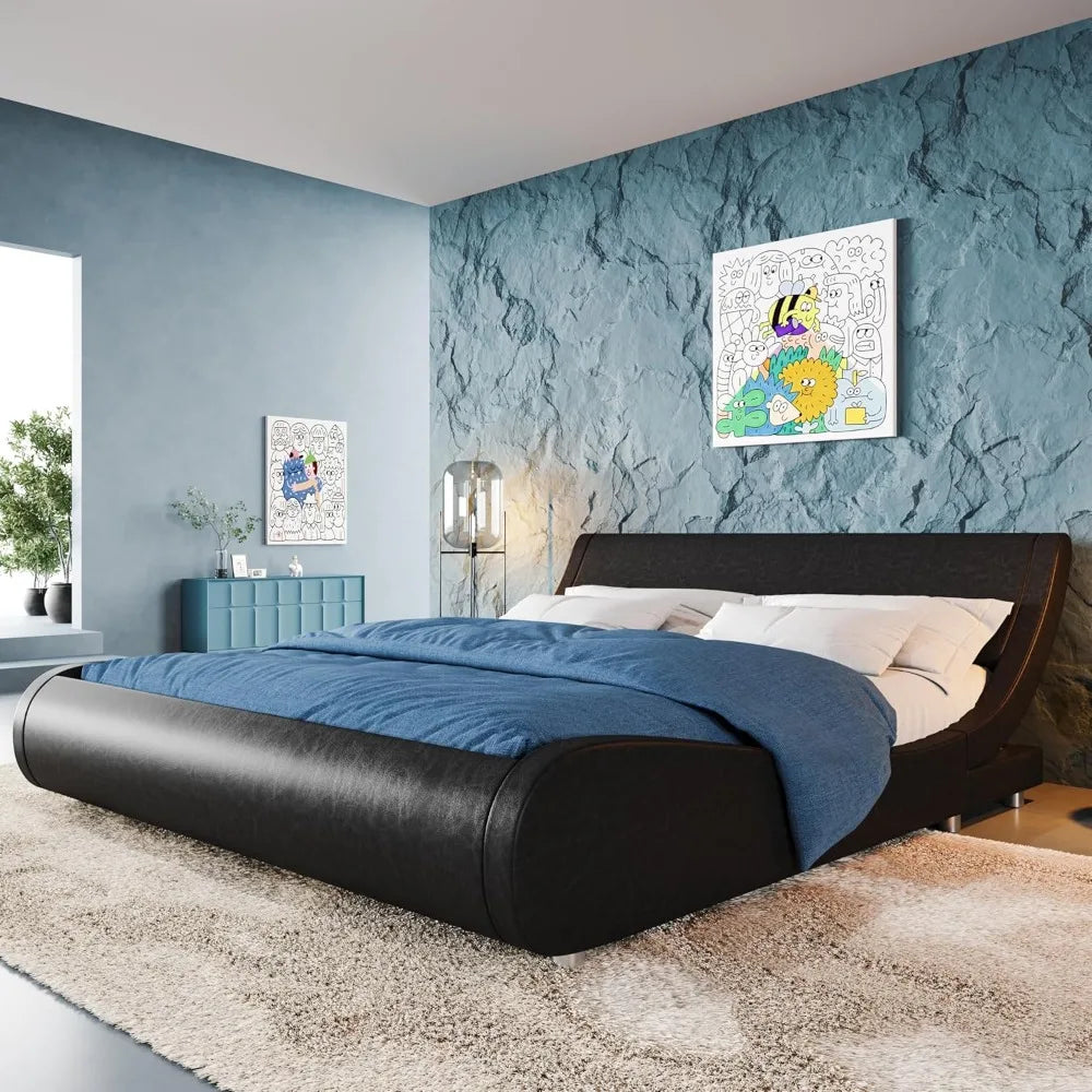 Upholstered Queen Size Platform Bed Frame – Modern Low Profile Sleigh Bed with Adjustable Faux Leather Headboard