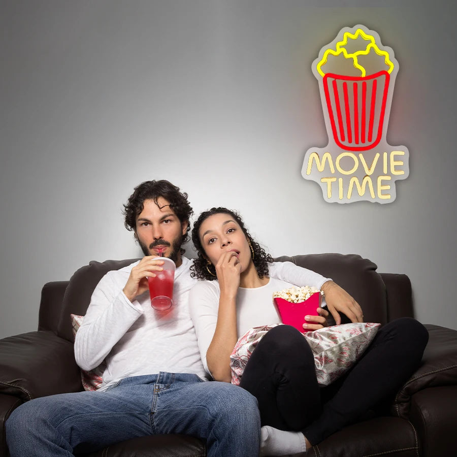 Movie Time Neon Sign Popcorn Cinema LED Light USB Powered Neon for Wall Decor Film Cinema Room Party Man Cave
