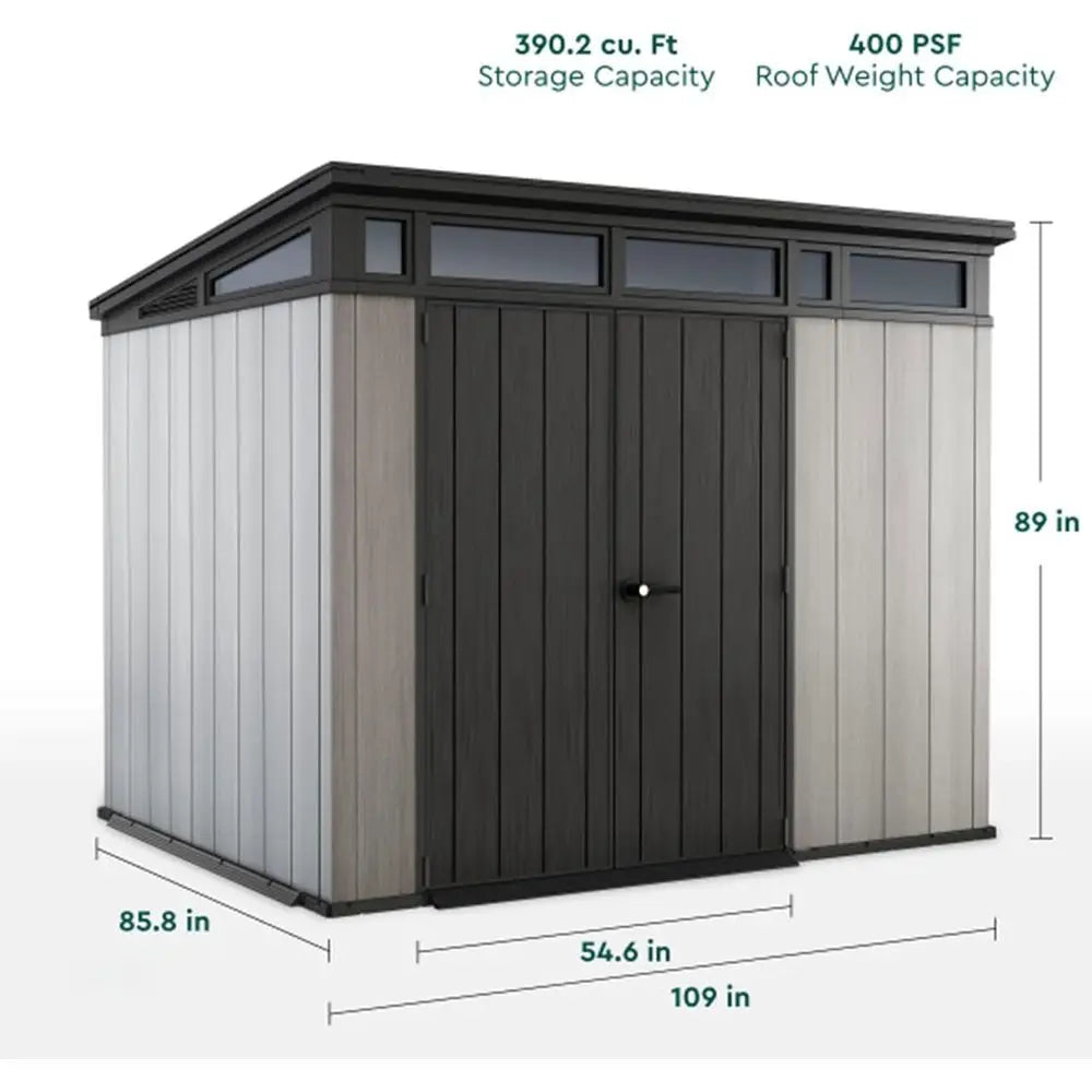 All-Weather Storage Shed: 9x7 Ft with Skylight, Window, Built-In Ventilation, Walls, and Lockable Double Doors for Outdoor Equip
