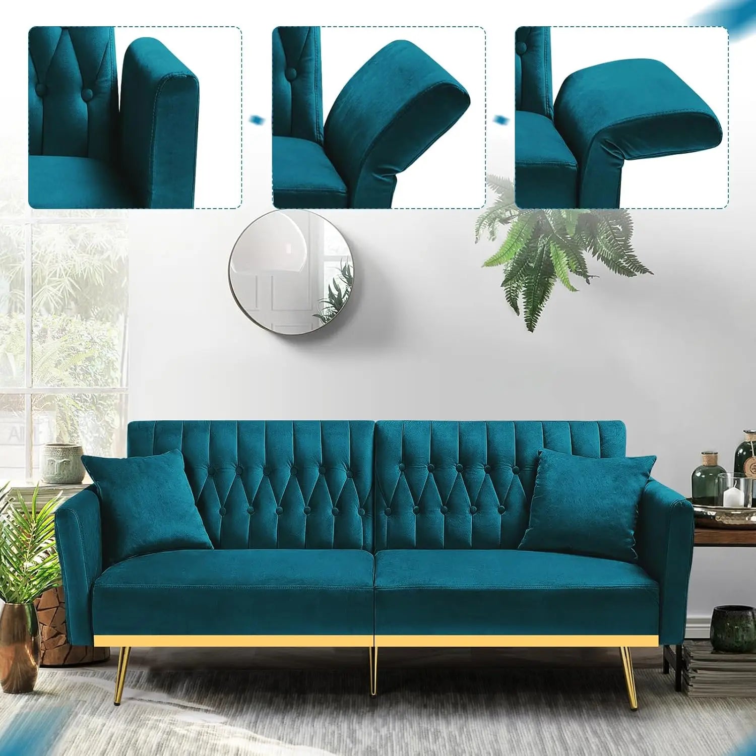 70' Velvet Futon Sofa Bed with Adjustable Armrests & Backrest, Convertible Sleeper Couch, Modern Futon with 2 Pillows, Teal