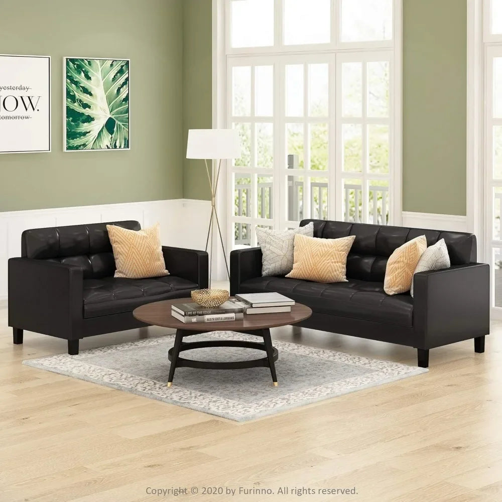 Black Contemporary Tufted Faux Leather Sofa Couch - Living Room Furniture with Sleek Design