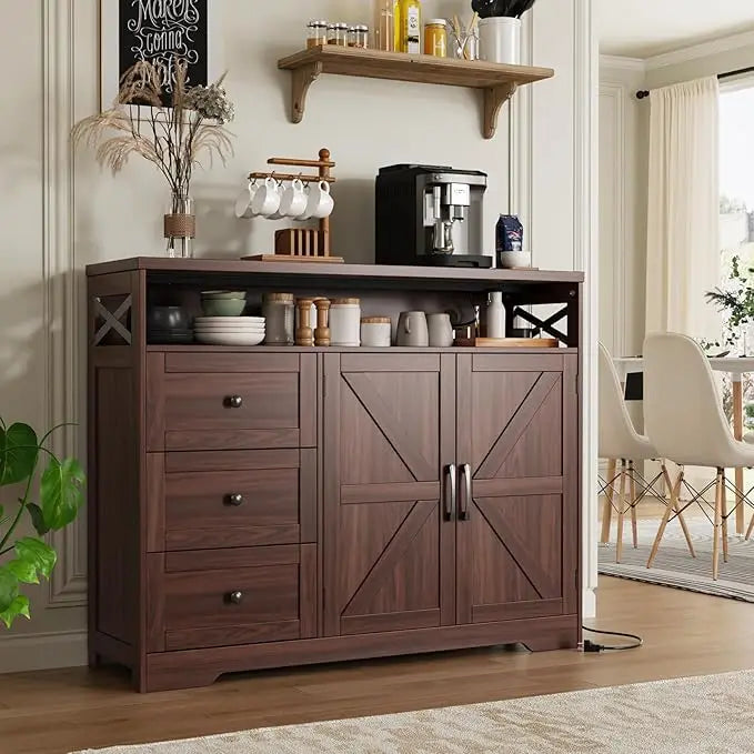 47" Farmhouse Storage Cabinet with Barn Doors and Drawers, Sideboard Buffet Cabinet with Storage