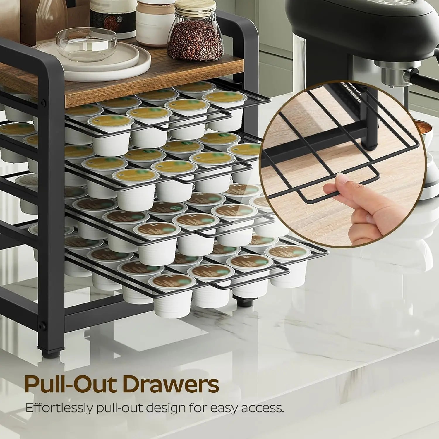 4-Tier Coffee Pod Drawer Holder – 80-Pod Rustic Brown Kitchen Organizer
