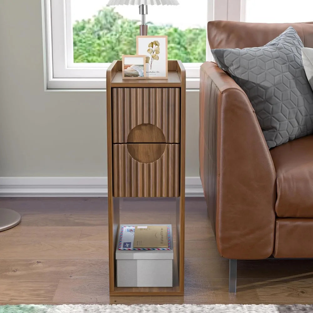 Narrow Fluted Nightstand Set of 2, Wooden Small 2 Drawer Nightstand, Slim Side End Table, Vintage Bedside Table, Mid Century Mod