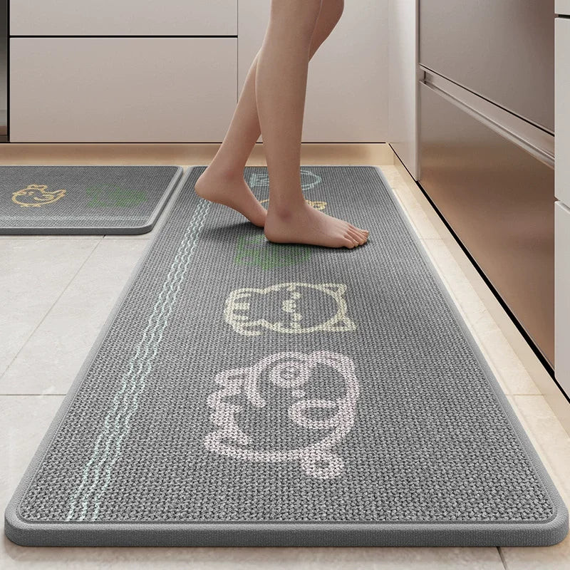 Cartoon Printed Linen Kitchen Floor Mat, Water and Oil-absorbing Kitchen Rug, Non-Slip Rubber Backing, Doormat Bath Mats
