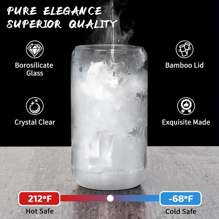 16oz Glass Cups with Bamboo Lids and Glass Straws 20Pcs Drinking Glasses Set for Iced Coffee Juice Tea Soda Smoothie Cocktail E