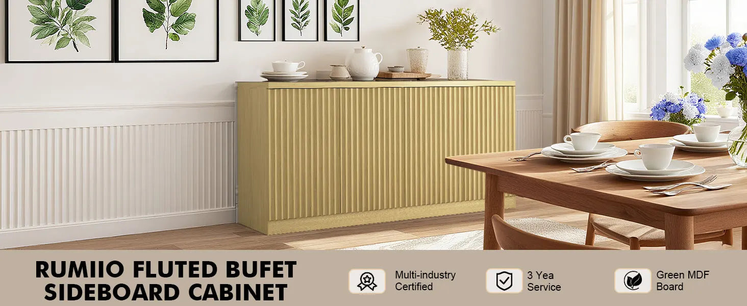 63‘’Fluted Sideboard with Storage 4 Doors & Adjustable Shelves Buffet Cabinet Large Modern Credenza Accent Console Cabinets