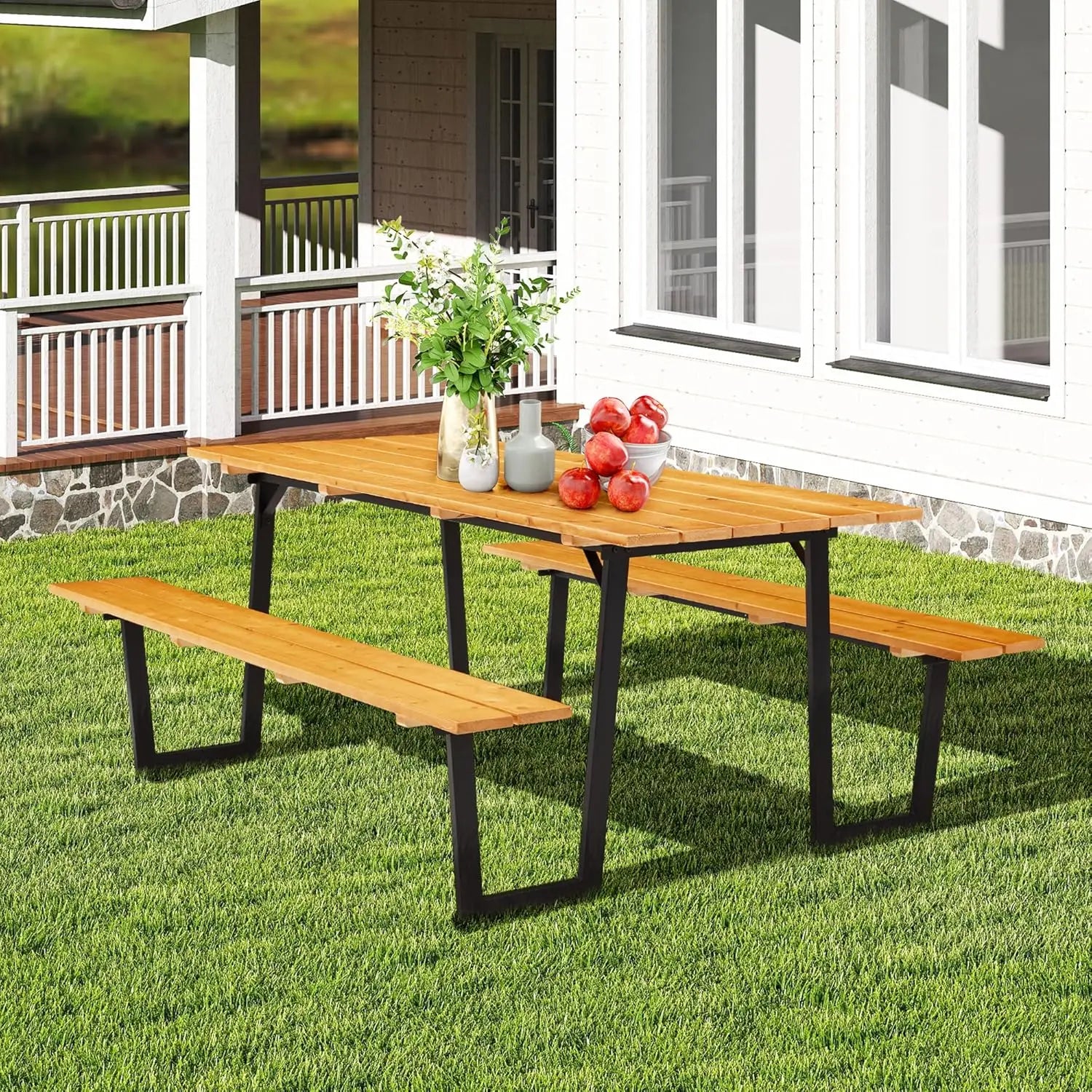 70" Wood Picnic Table for Outdoor, Rectangle Patio Dining Table and Bench Set, Heavy-Duty Picnic Beer Table Bench Set
