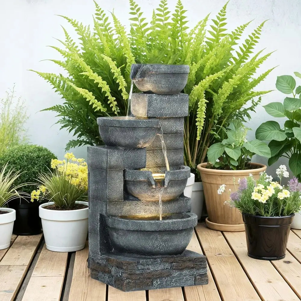 Gray 4-Tier Resin Outdoor Waterfall Fountain with LED Lights, 30 Tall, Cascading Bowls, Pump Included