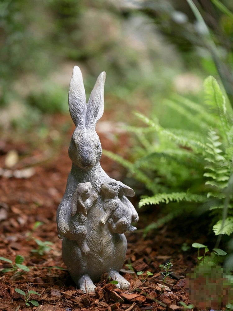 Rural gardening outdoor vintage resin rabbit mother and baby bunny figurine home desktop Easter rabbit ornament