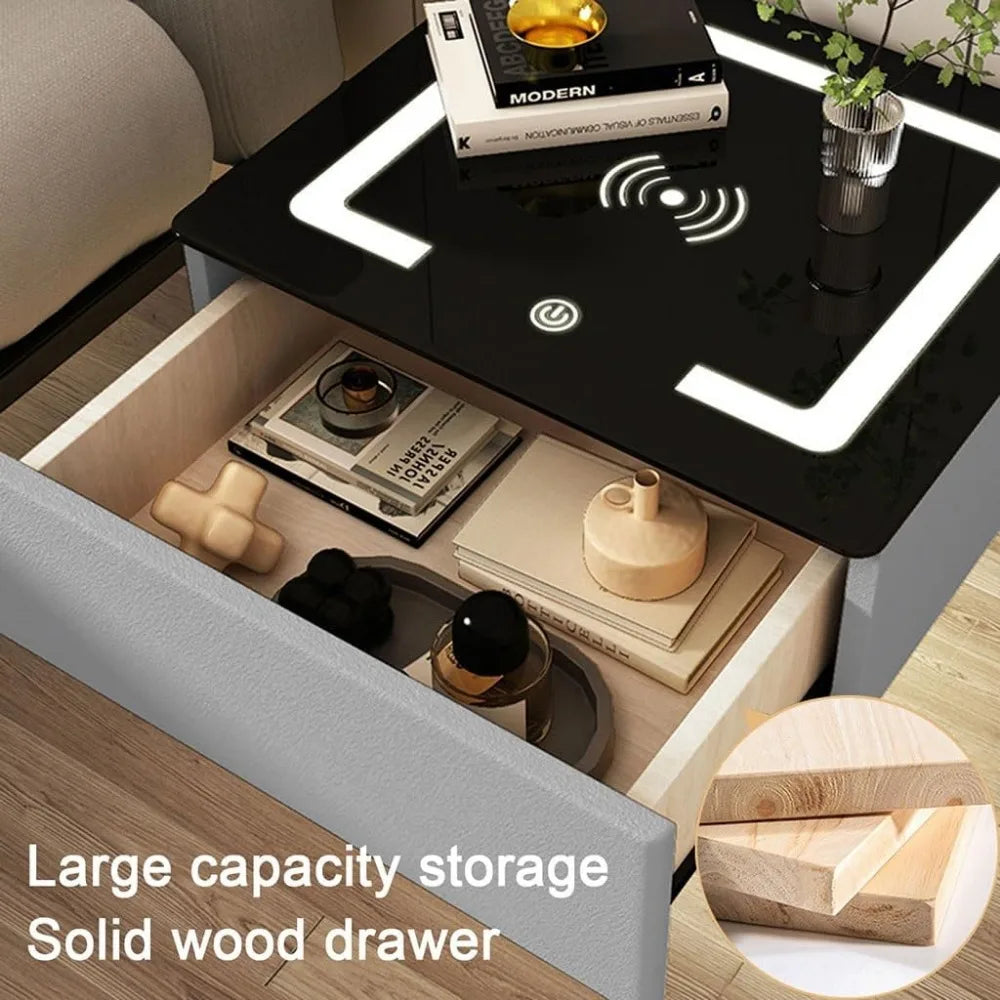 Smart Nightstand with LED Light and Wireless Charging, Adjustable and Sensor-Activated Bedside Table