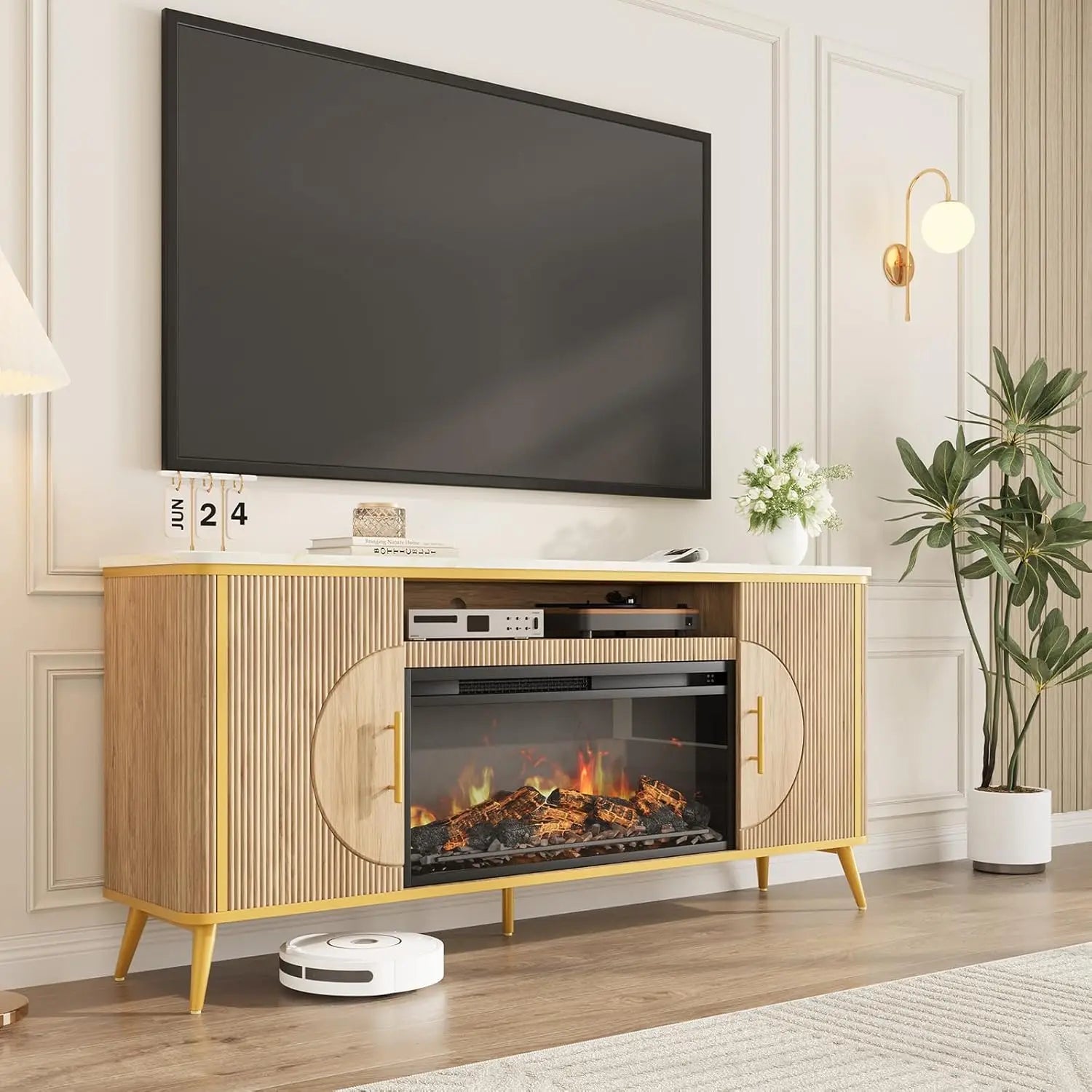 Modern Fluted Fireplace TV Stand for up to 80'' TVs with 30'' Electric Fireplace Luxury Media Console Adjustable Entertainment