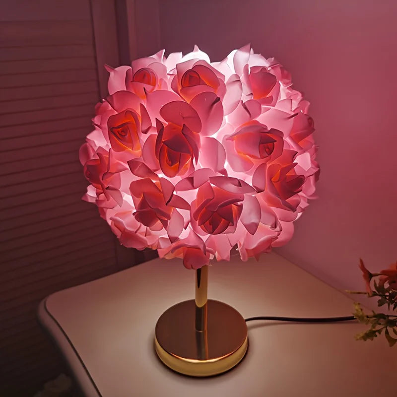 High-End LED Table Lamp with 52 Rose Flower Shade, Polished Metal Base for Bedside, Living Room, and Office Decor