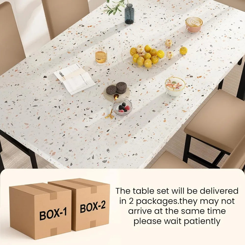 7-Piece Faux Marble Dining Table Set for 6 – Dining Room Table with 6 PU Leather Chairs