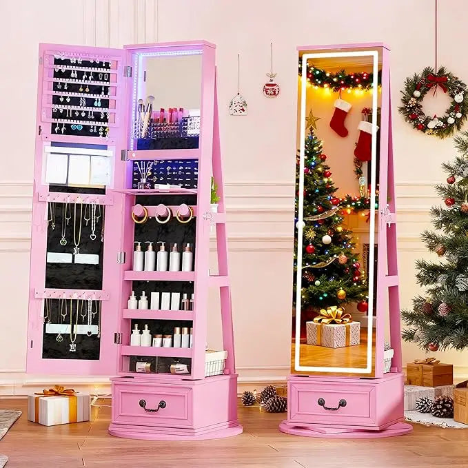 LED Mirror Jewelry Cabinet Standing, 360°Swivel Jewelry Armoire with Full Length Mirror, Mirror with Jewelry Storage