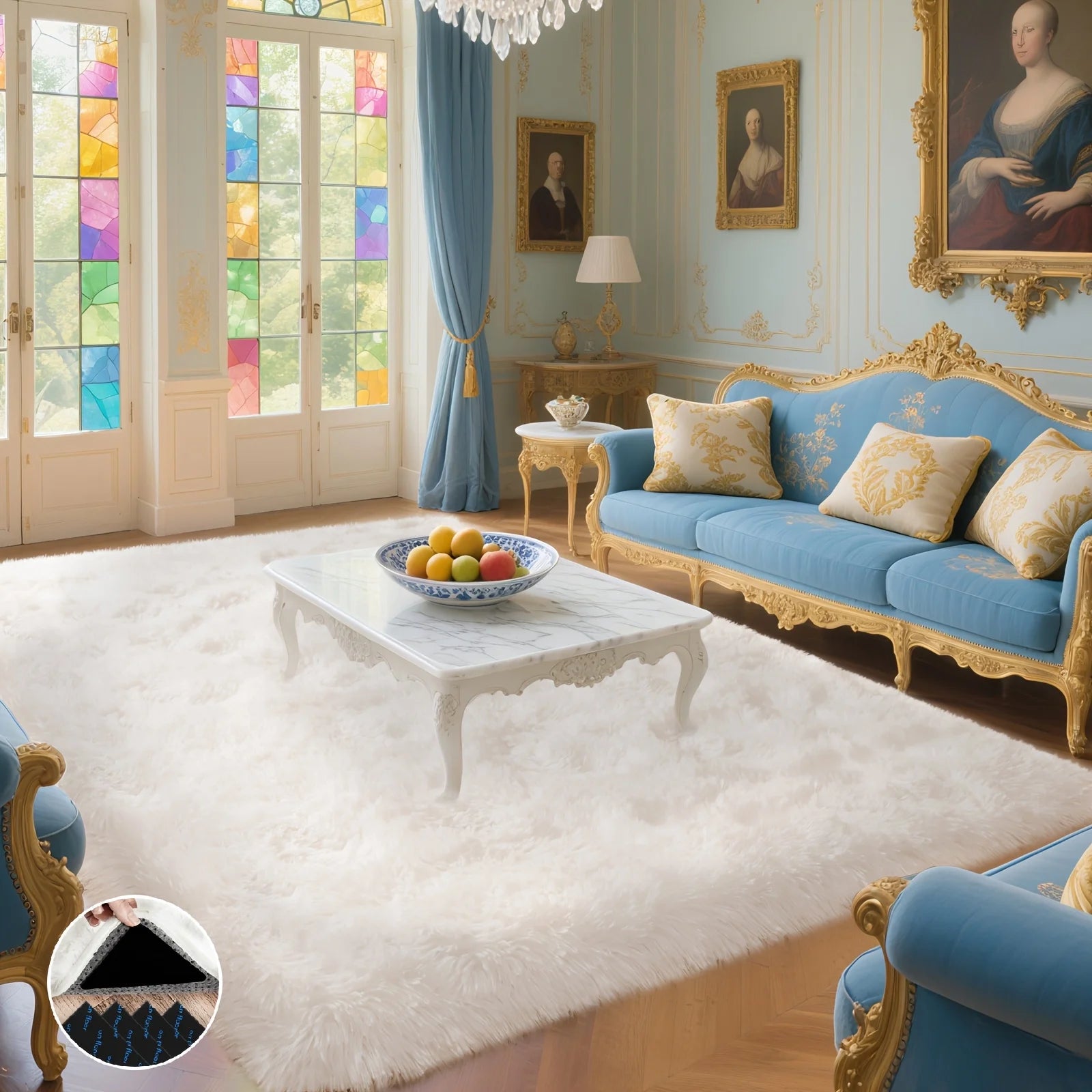 Off-White Soft Shaggy Non-Slip Rugs for Living Room/Bedroom/Nursery – Luxury Plush Carpet with 4 Rug Stickers, Ideal Room Decor