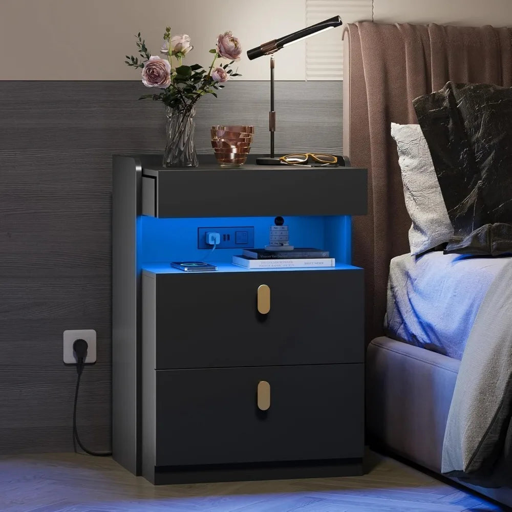 Nighstand with Charging Station, Night Stand with Sliding Top and Drawers, Modern Bedside Table End Tables with Hidden Space