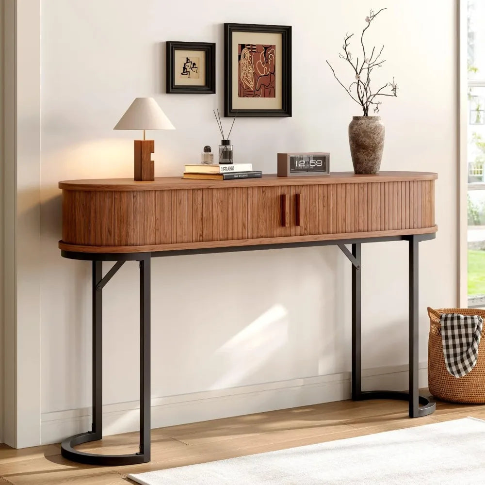 55 Inch Console Table with Sliding Door and 2 Drawers, Entryway Sofa Table with Metal Legs, Long Behind Couch Storage Furniture