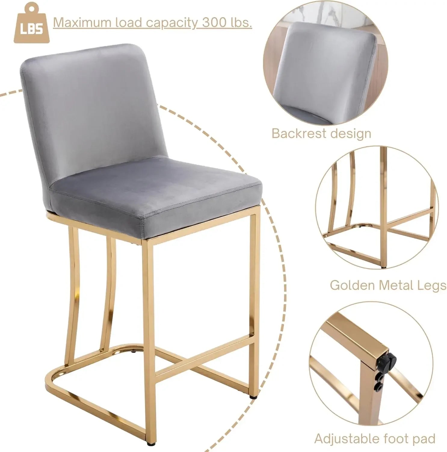 Modern Gold Counter Stools – Velvet Upholstered Barstools with Gold Legs (Gray)