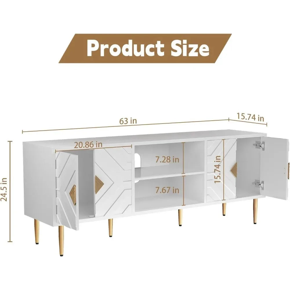 63'' White TV Stand for 65/70/75 inch TV, Entertainment Center with Storage Cabinets and Embossed Pattern Doors, Mid Century Mod
