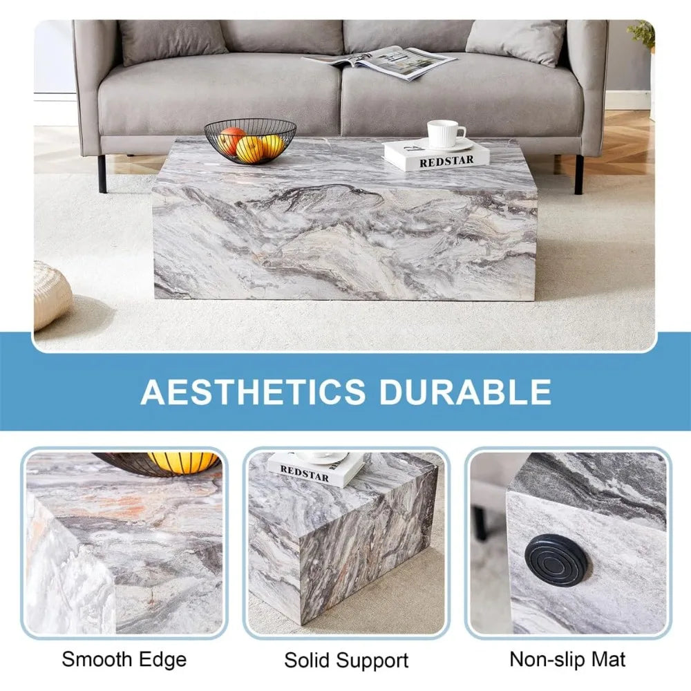 Modern Grey Faux Marble Living Room Coffee Table with Wooden Highlights