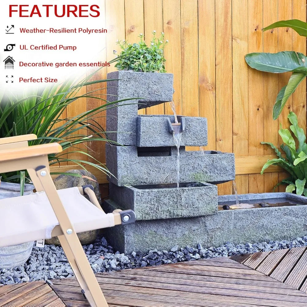 Tiered Water Fountain Outdoor Garden - Waterfall Indoor Freestanding Cascade Fountain Concrete Artistry Modern Style with LED Li
